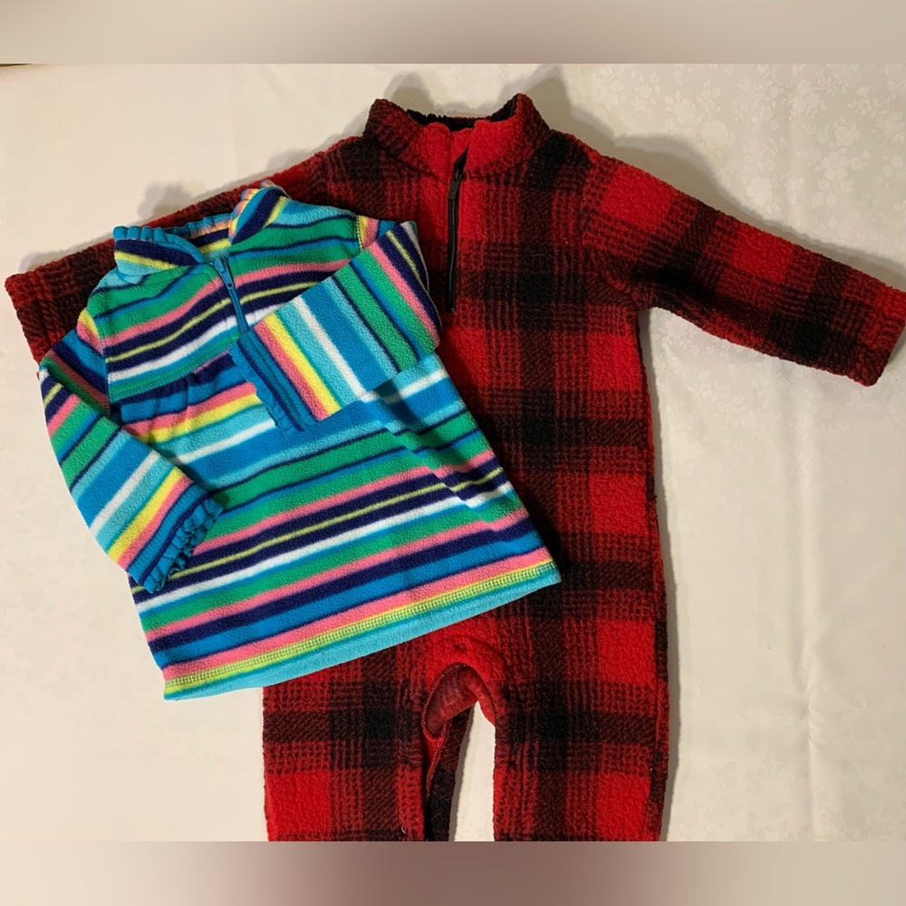 NWOT Fleece Bundle: Striped Sweatshirt and Buffalo Plaid One-Piece Jumper